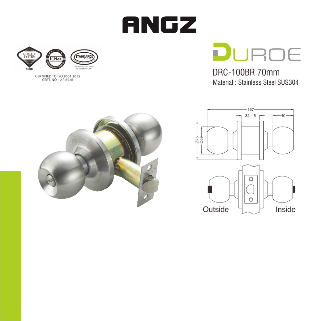 DUROE Room Door Round Handle Cylindrical Lock DRC-100BR | Shopee ...