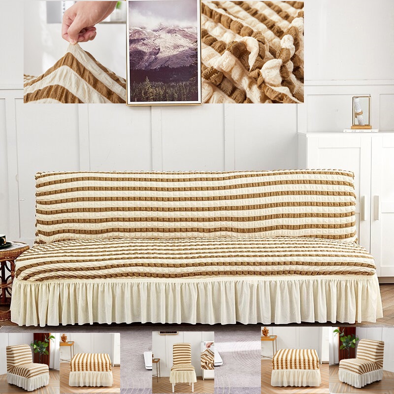 3DColorblock Seersucker Sofa Bed Skirt Weave Pattern Cover Armless Folding Sofa Bed Footstool
