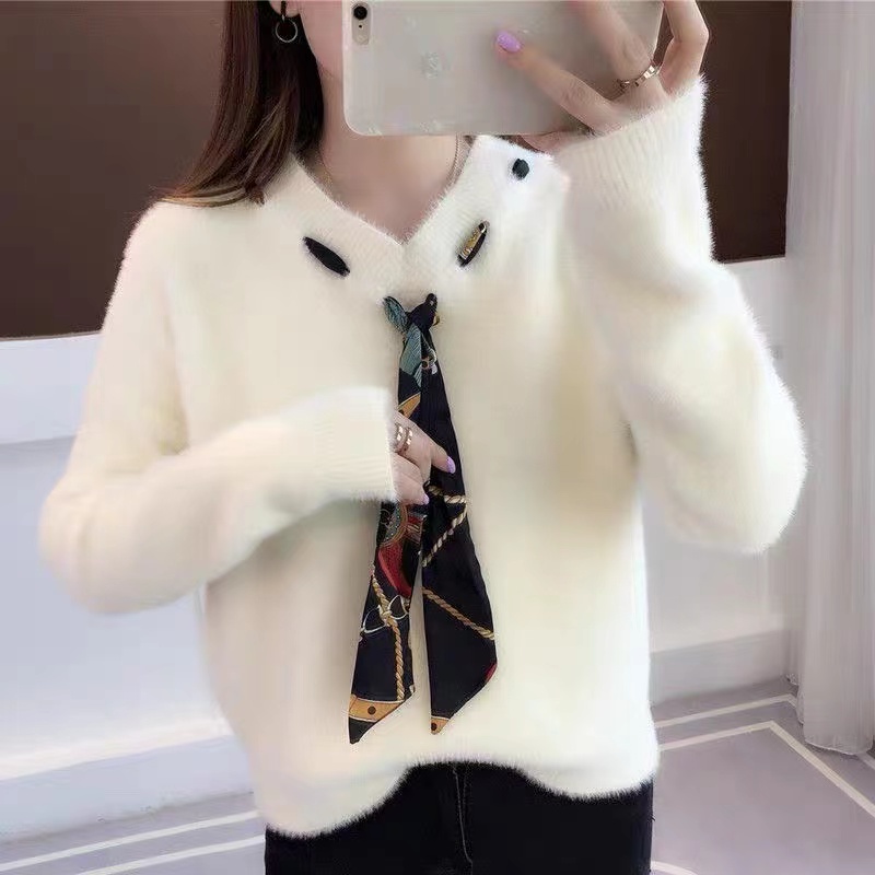 Aliya Big Size Fur Sweaters For Women Long Sleeve V-neck Mink Mohair ...