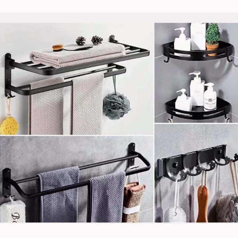 Bathroom rack accessories double layer aluminum rack with hook bar rack ...