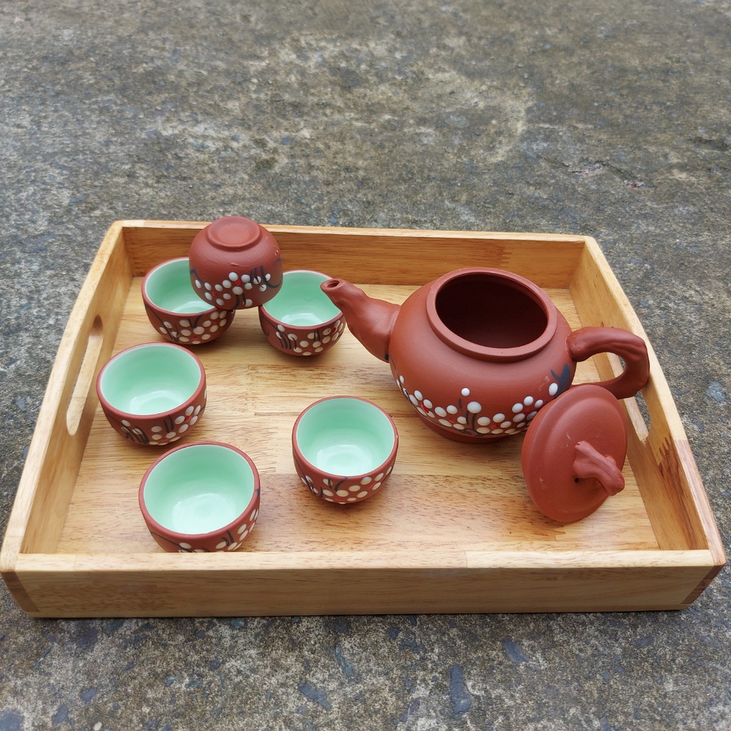 SA Zisha tea set with tray, red-brown terracotta with white peach ...