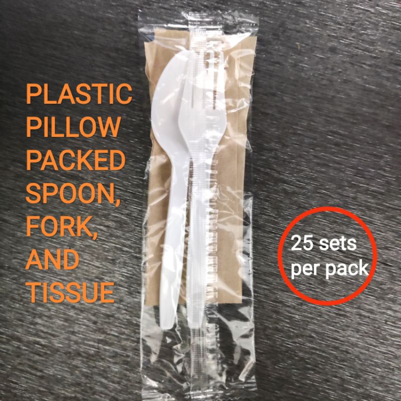 25sets Plastic Pillow Packed Cutleries Composed of White Spoon, Fork and Tissue Shopee