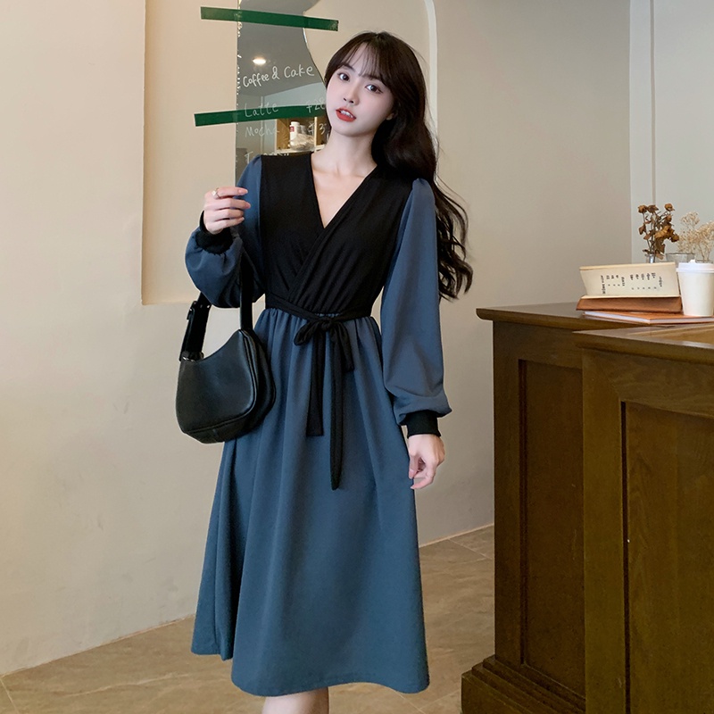 New long sleeved dress Korean version mid length dress retro V neck dress Shopee Philippines