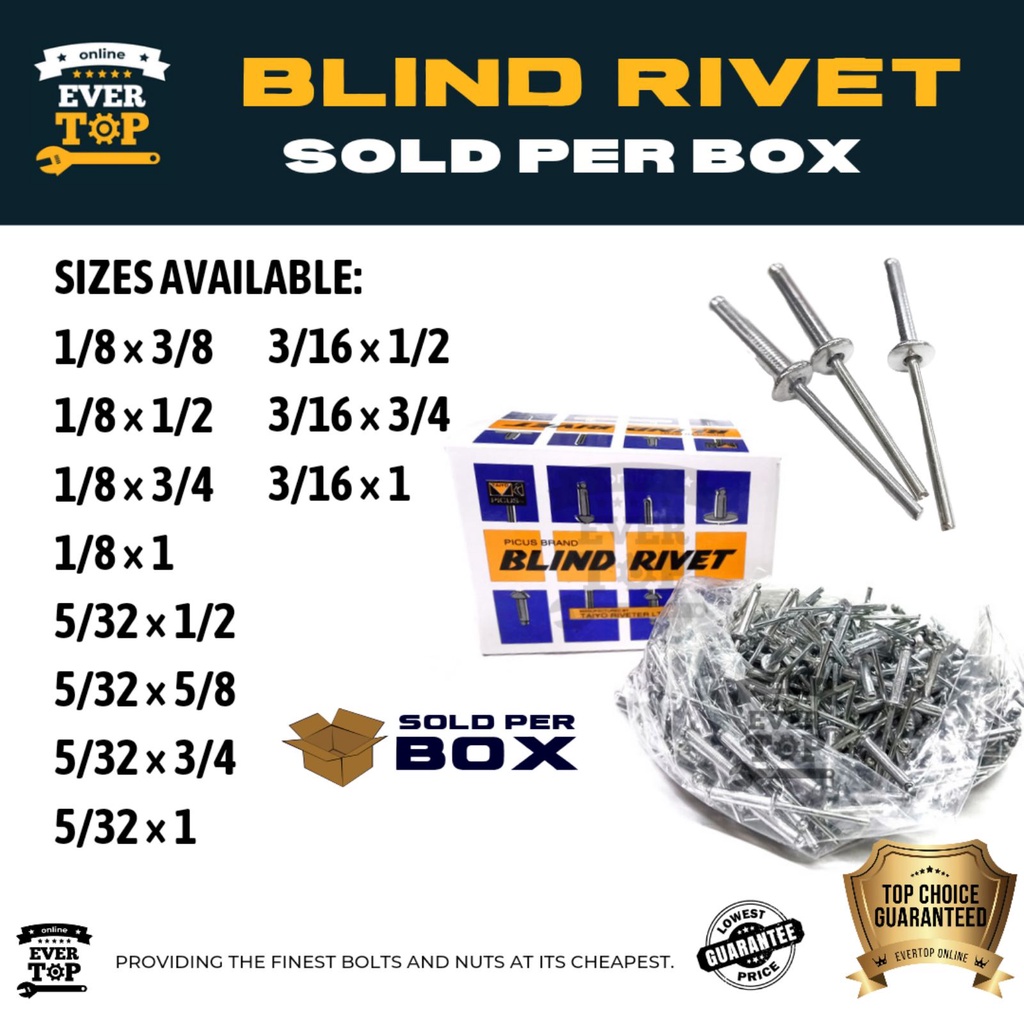 BLIND RIVETS (SOLD PER BOX) | 1/8 | 5/32 | 3/16 EverTop Online | Shopee ...