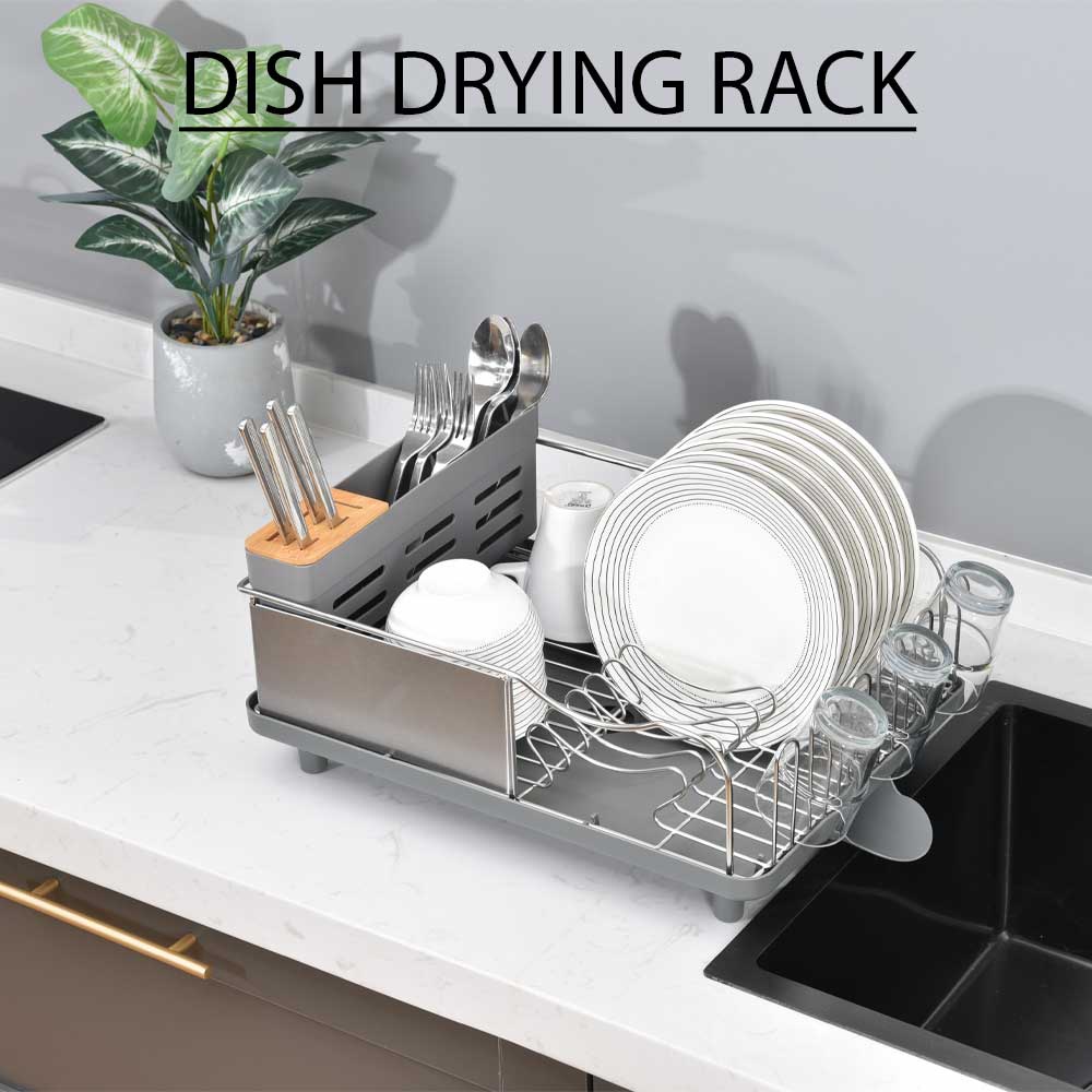 LOCAUPIN Kitchen Sink Counter Dish Rack with Drainer Spout Drying Plates Storage Tray Utensil