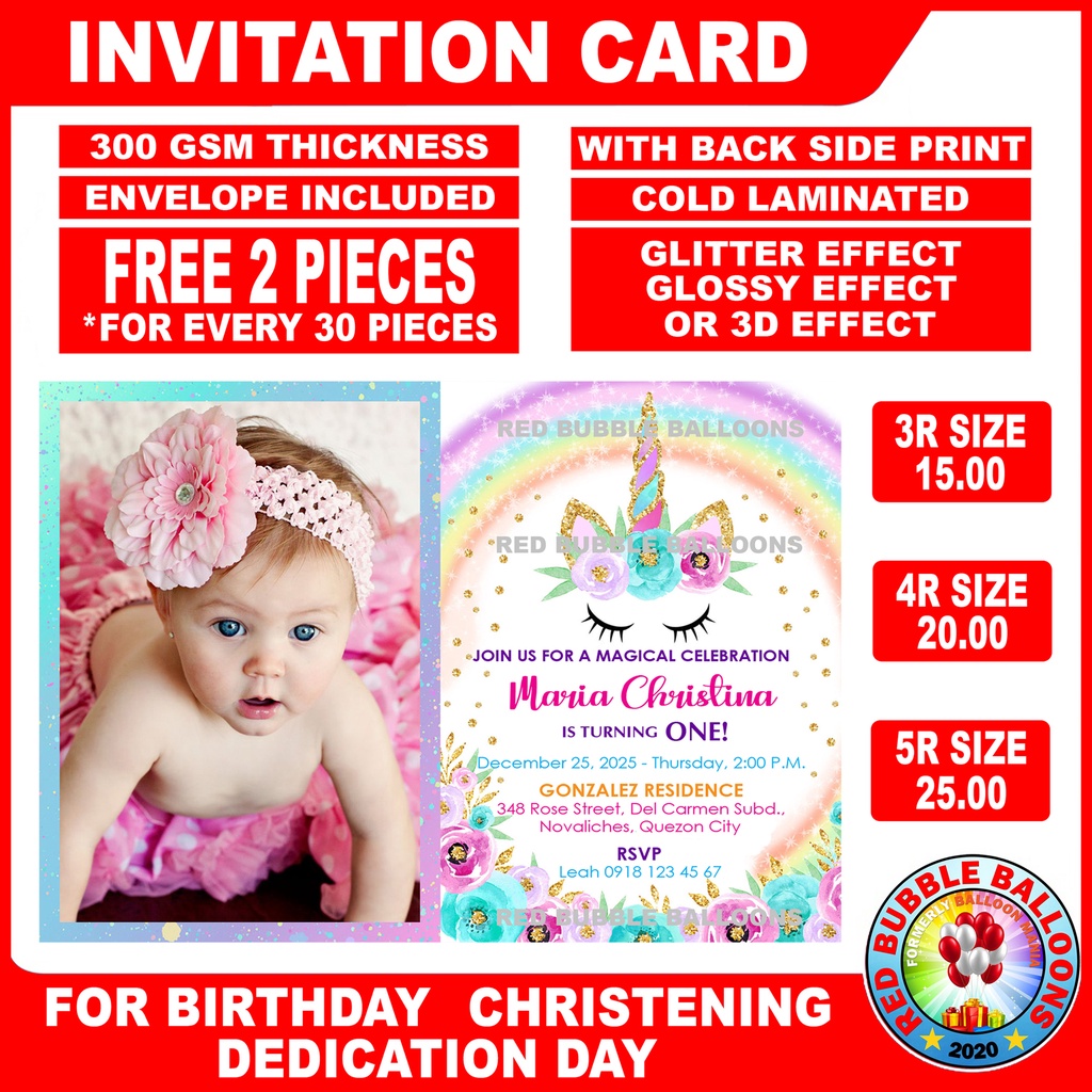 Unicorn Theme Invitation for Birthday Christening Baptism Baptismal Dedication Day Invitation