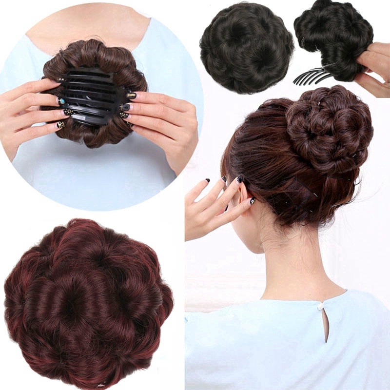 Curly Hair Bun Wig With Clip Nine Flowers Bun Black Brown Flowers Bun ...