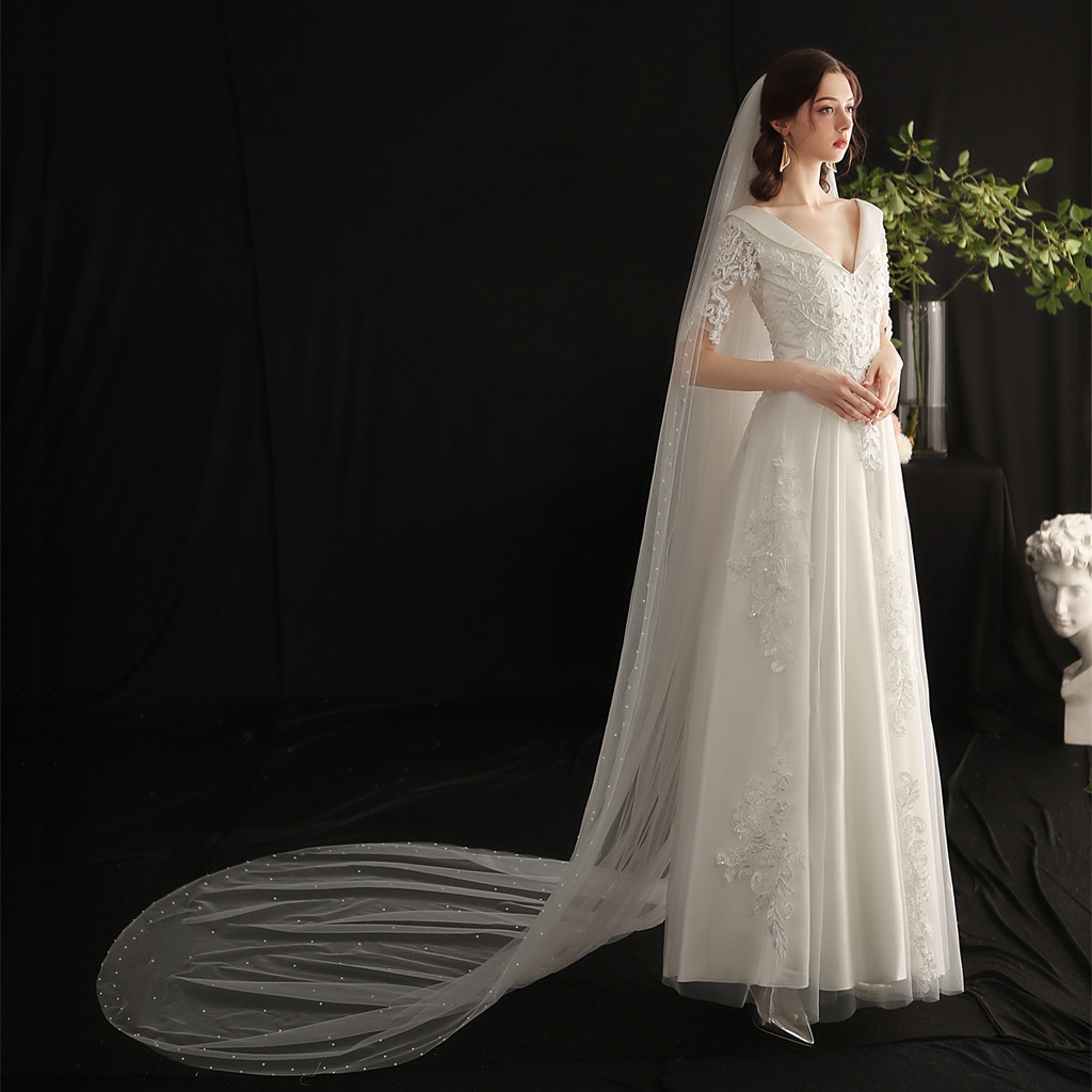Double Pearl Bridal Veil Luxurious Trailing Three Meters Long Veil Tour ...
