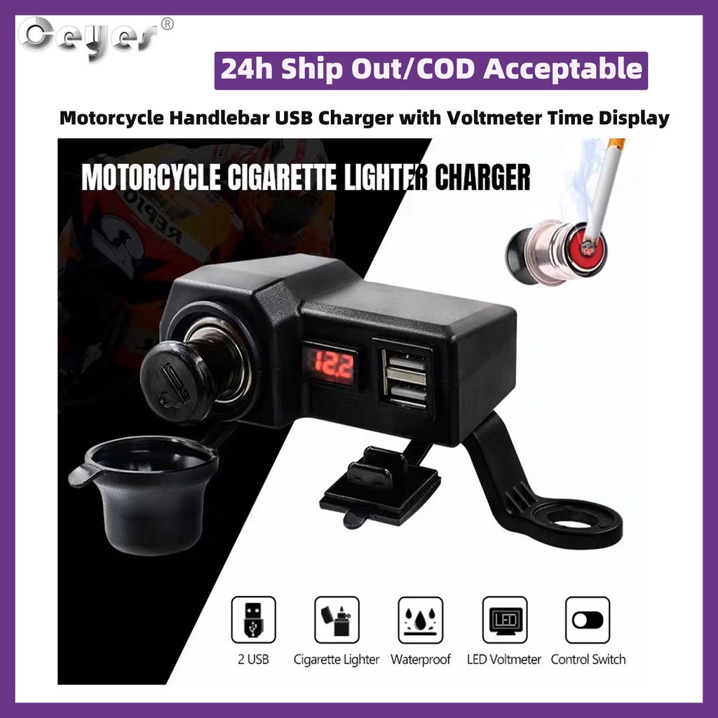 Ceyes Motorcycle Handlebar USB Charger with Voltmeter Time Display