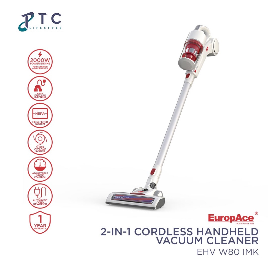 EuropAce 2 In 1 Cordless Handheld Vacuum Cleaner 12Kpa Motorized Brush