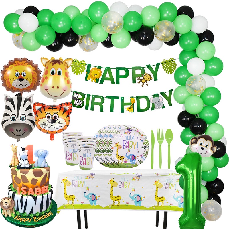 Jungle Birthday Party Tableware Decoration Green Number Balloons Animal