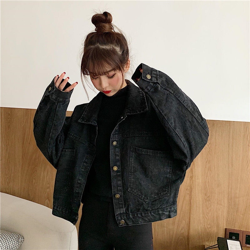 Denim Jacket Spring Autumn 2022ins Black Loose Short POLO Collar Long Sleeve Female Student Shopee Philippines