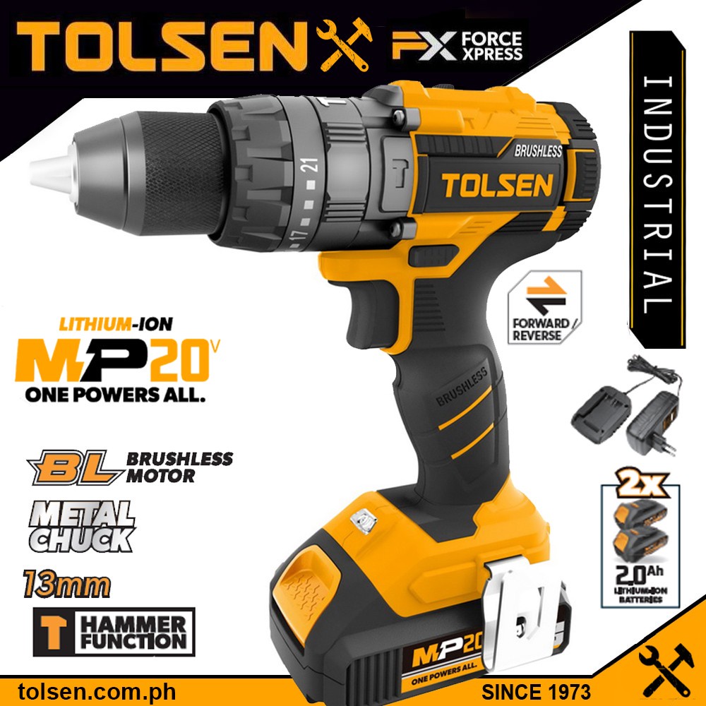 Tolsen Li Ion Brushless Cordless Impact Drill W 2 Battery Case 13mm