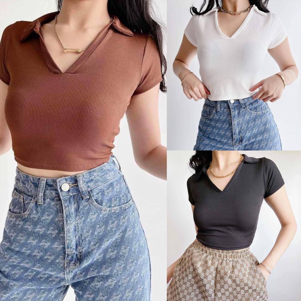 Hotz Sabrina Collar Polo Knitted Crop Top Xs Small Medium Slim Body Frame Maiksi Shopee 0422