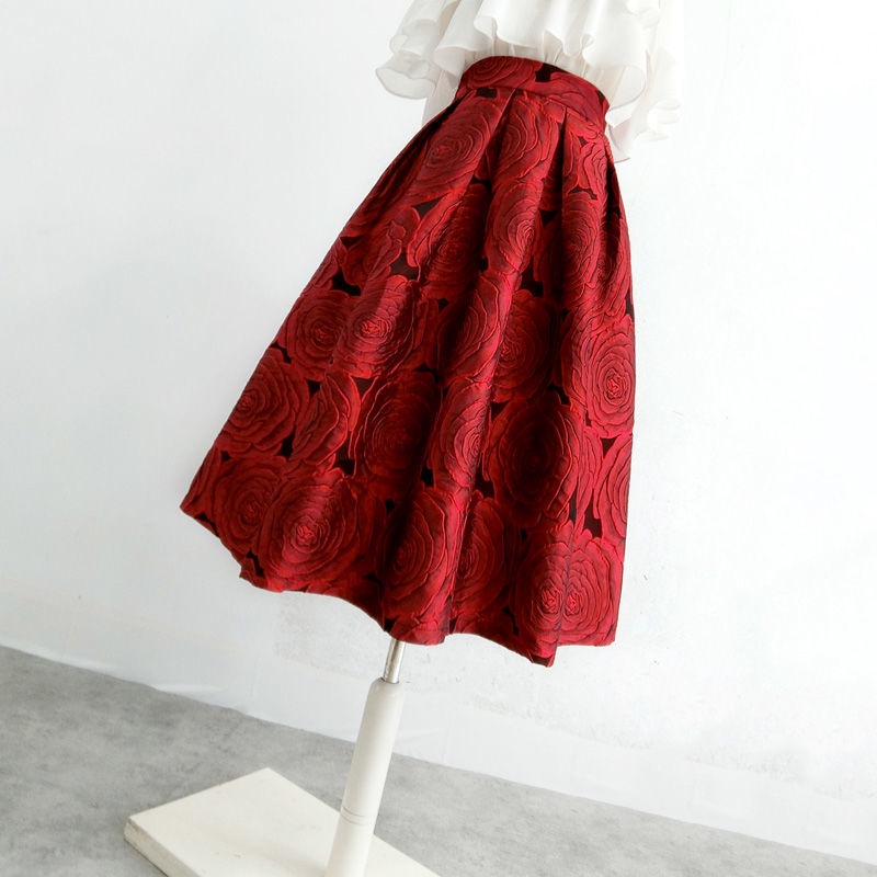 Red Flower Skirt 2022 Autumn and Winter New over Knee High Waist ...