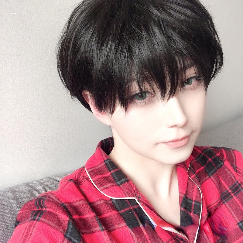 [Free Gift] Black Men's Wig Short Straight Wig Synthetic Wigs For Male