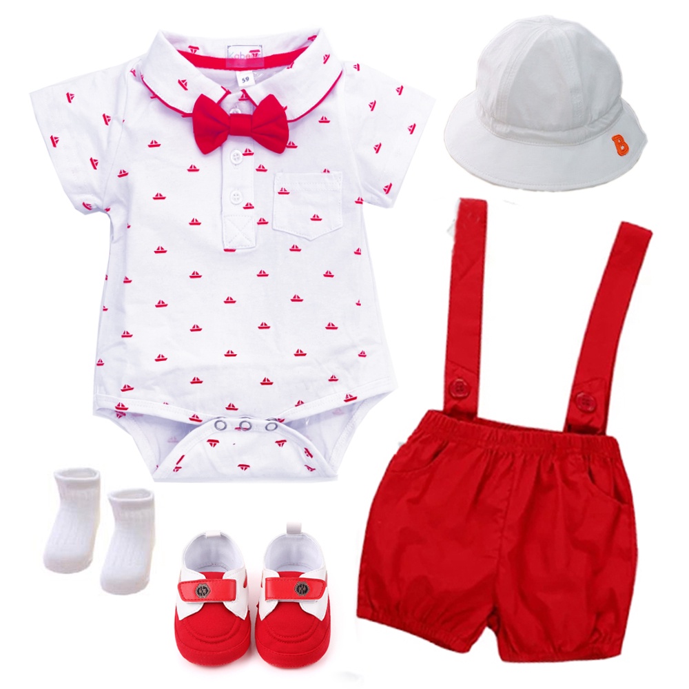 Newborn Red Clothes Cotton Baby Boys Birthday Dress With Cap Shoes 5