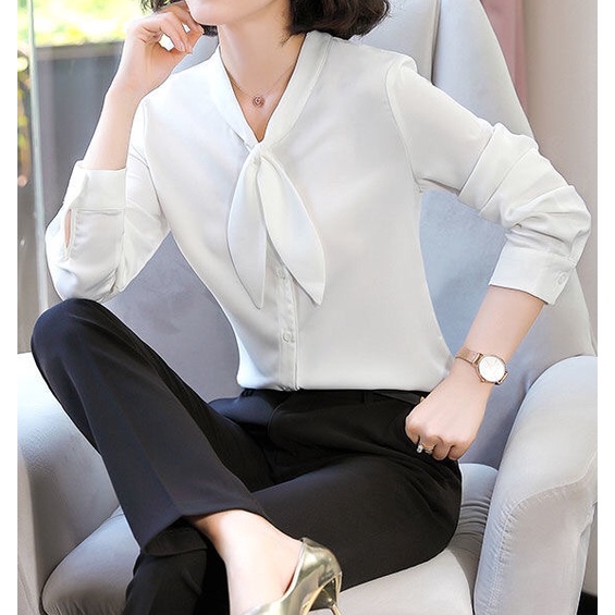Women Chiffon Shirt Top Long Puff Sleeve White Blouse Tie Neck Formal Work  Wear