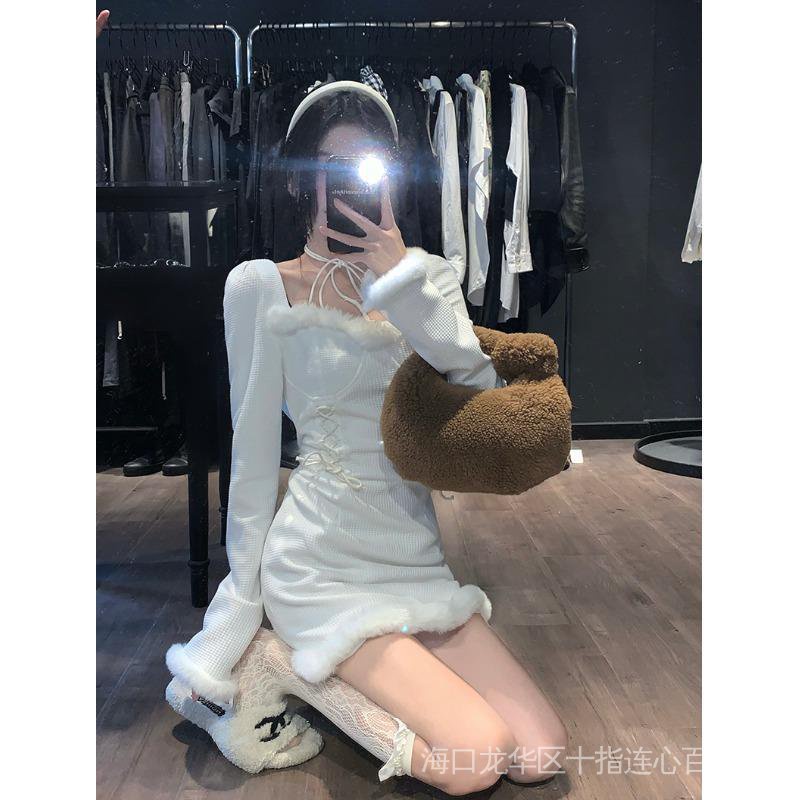 Christmas Dress Square Neck Knitted Plush Skirt Design Sense Long