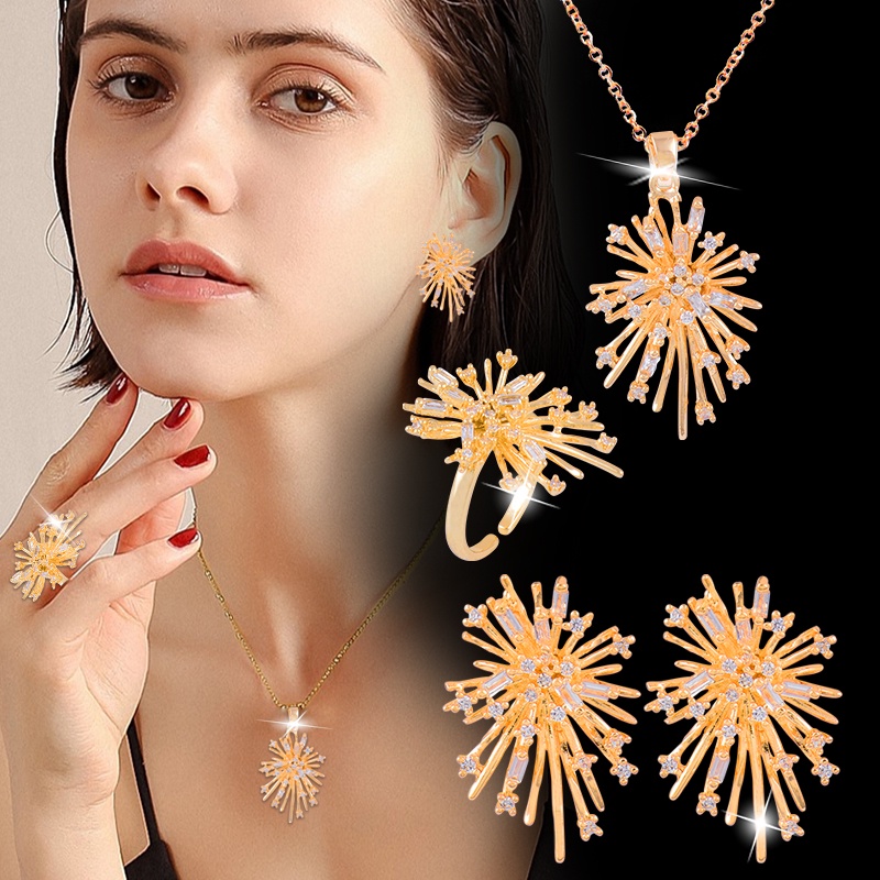 SINLEERY Series Jewelry Stunning Fireworks Necklace Earring For Women Ring  Set Gold Color Jewelry Wedding Accessories TZ008