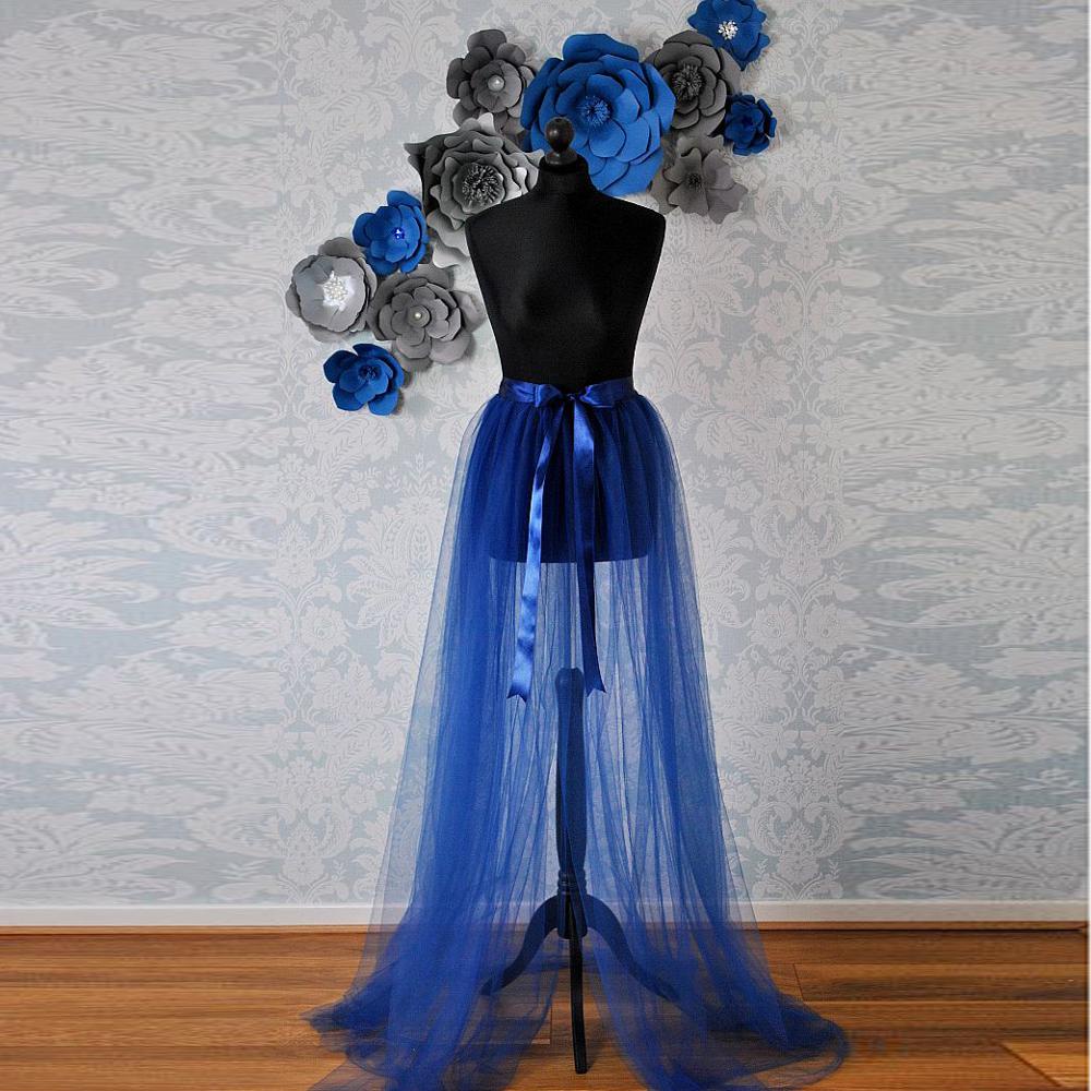 Real Image Royal Blue Tulle Detachable Train Ribbon Sash Bow See Thru Sexy Over Wrap Tulle 3488
