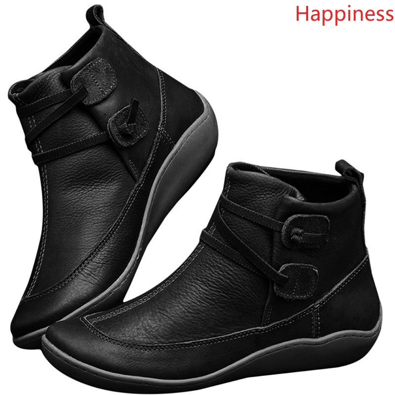 (Happines)Women's Flat Heel All Season Boots Waterproof Leather