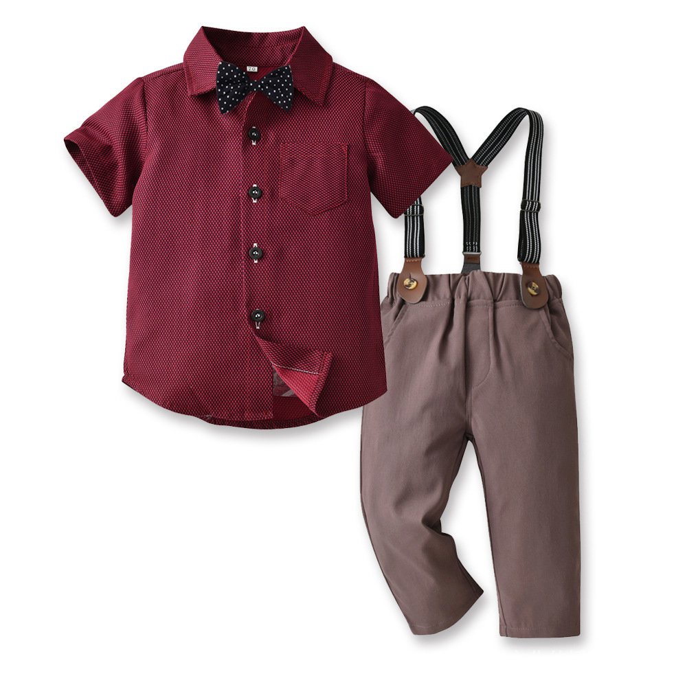 Kids baby boy outfit formal set 0-8y red shirts short sleeves with bow tie  strap pants suits boys infant Christmas costume birthday party clothes |  Shopee Philippines