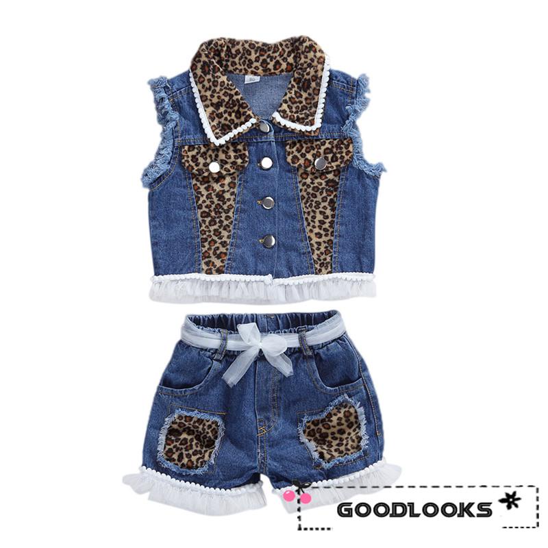 GD2Pcs Kids Girl Denim Set Sleeveless Leopard Denim Tank Coat and