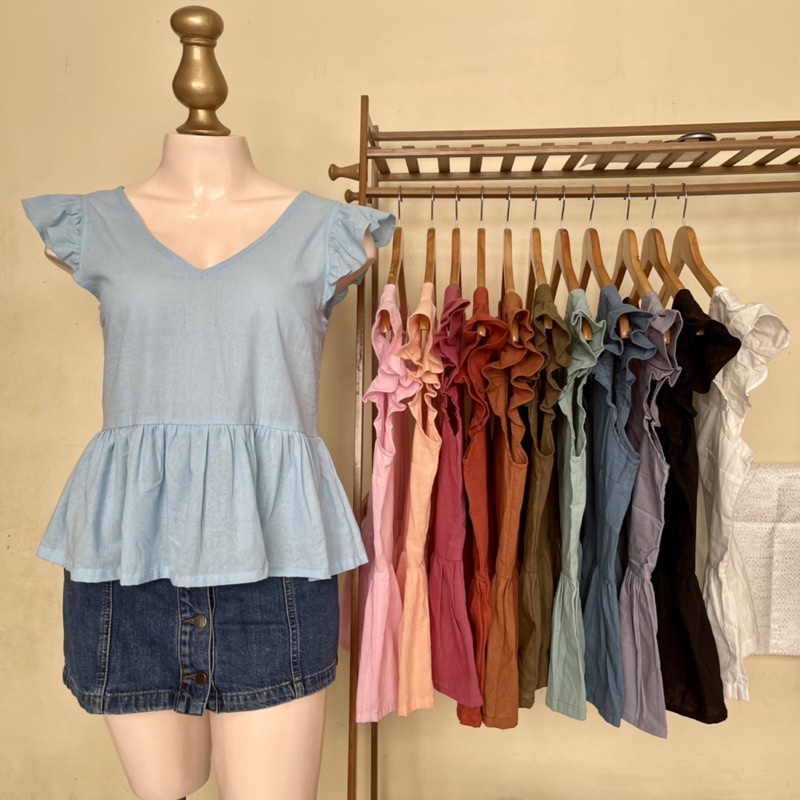 Peplum V Neck Ruffles Sleeve Casual Top Cotton Linen Adult Mall Quality ...