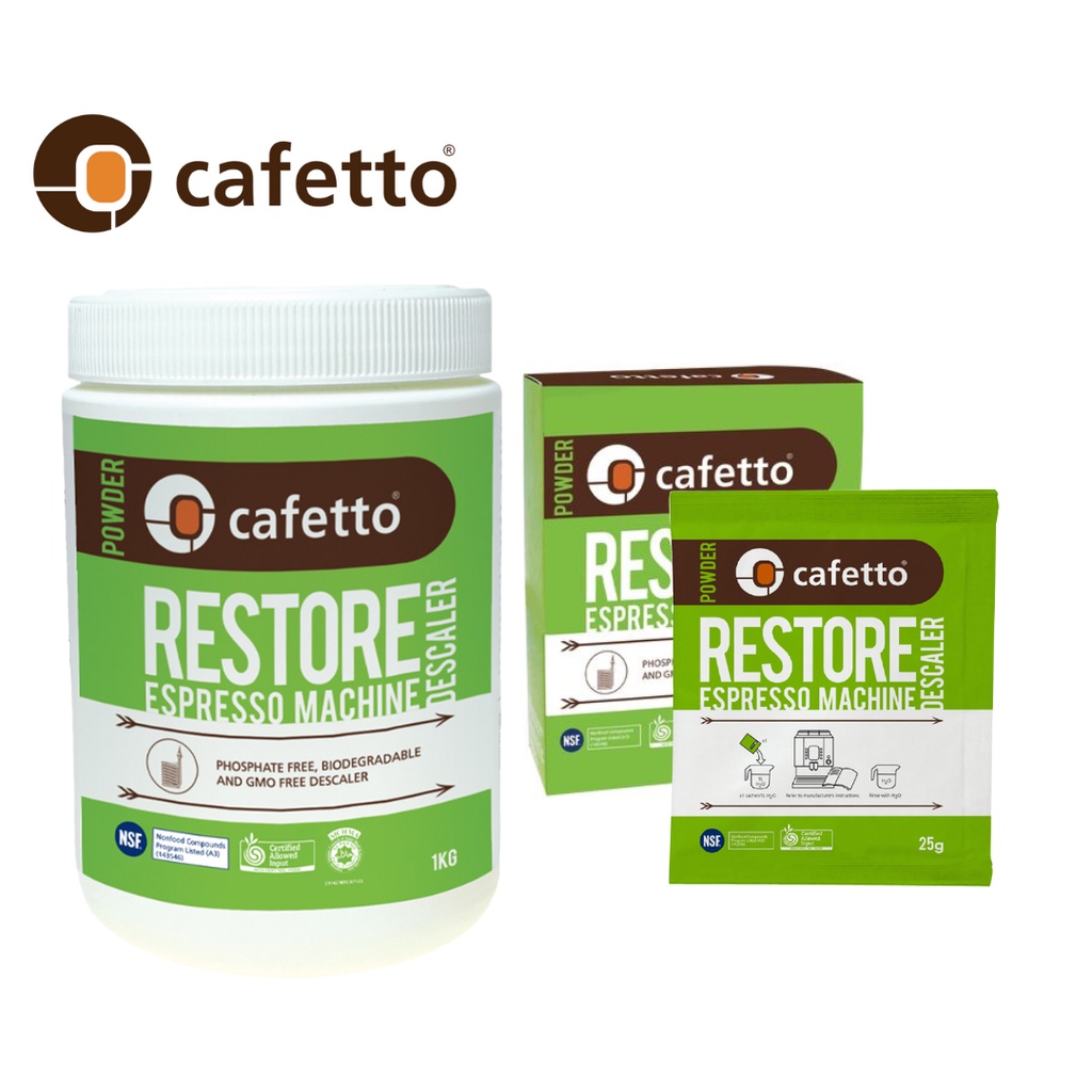 Cafetto Restore Powder Espresso Machine Descaler 1Kg Jar and 4X25G