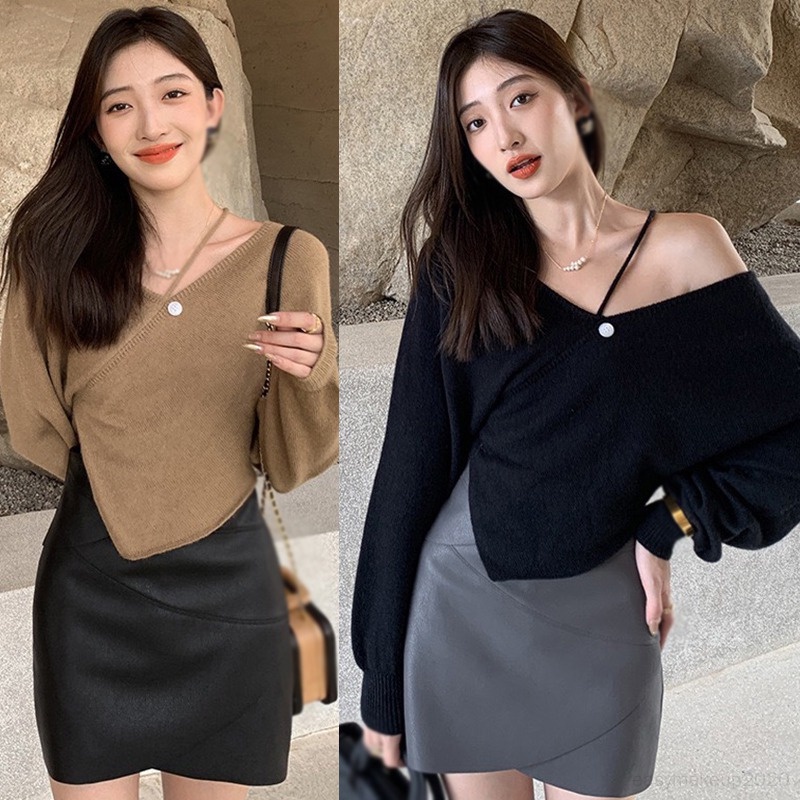 Women's V-neck Irregular Top Korean Knitted Long Sleeve T-shirt Solid ...