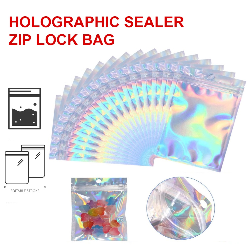 50pcs Holographic Laser Storage Bag Zip Lock Pouch Idea Gift Packaging ...