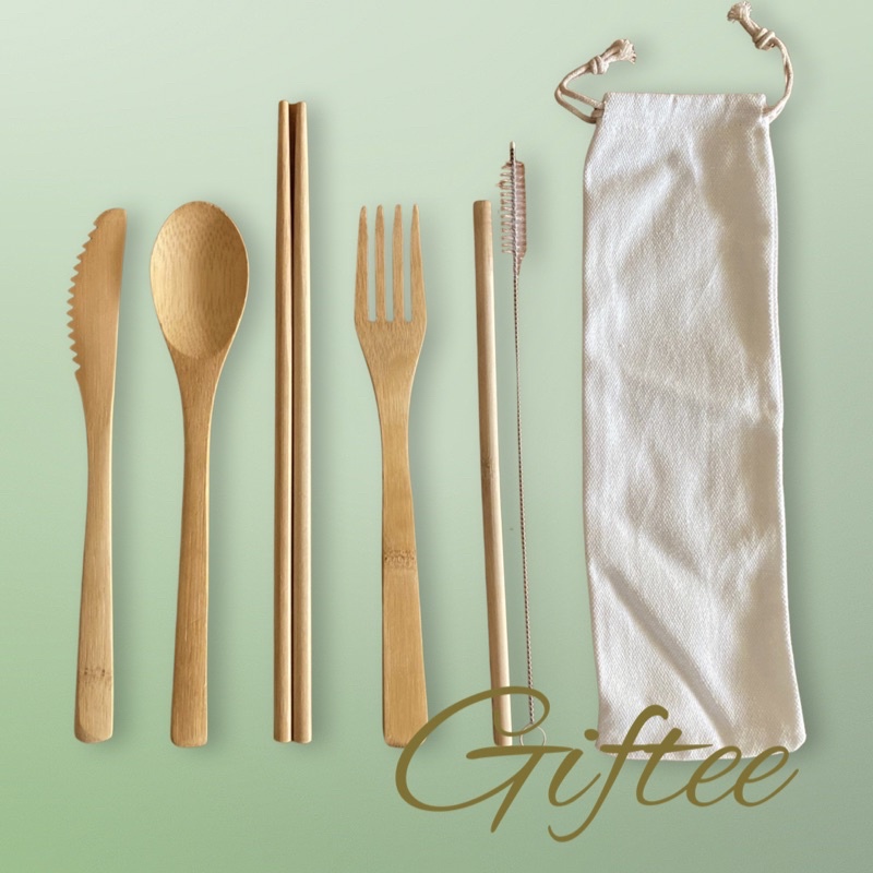 Wooden Cutlery Set Spoon Fork Knife Chopsticks Straw & Brush Eco
