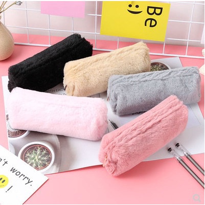 Simple Plush Zipper Pencil Bag School Office Supplies Stationery Pouch ...