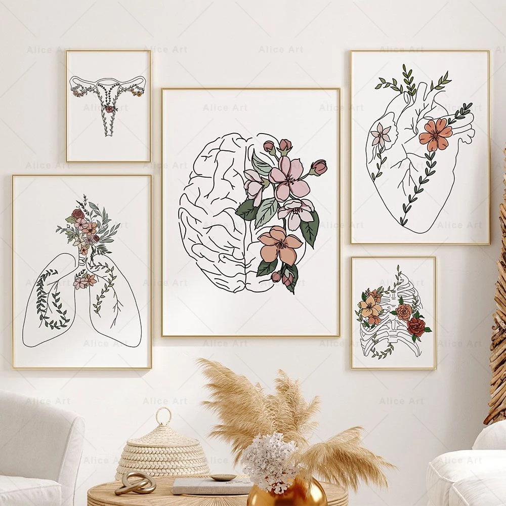 Frameless Floral Anatomy Posters Wall Art Canvas Painting Heart Brain ...
