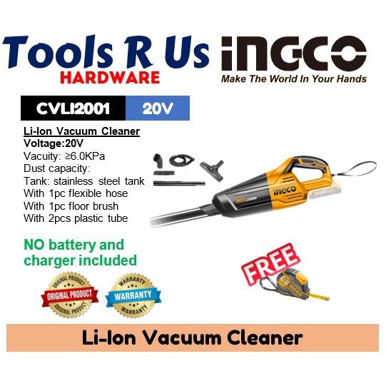 Ingco LiIon Vacuum Cleaner 20V CVLI2001* BLPT FREE TAPE MEASURE BLPT