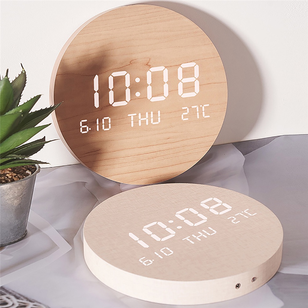 LED Digital Wall Clock Wood Electronic Clock Time Date Temperature ...