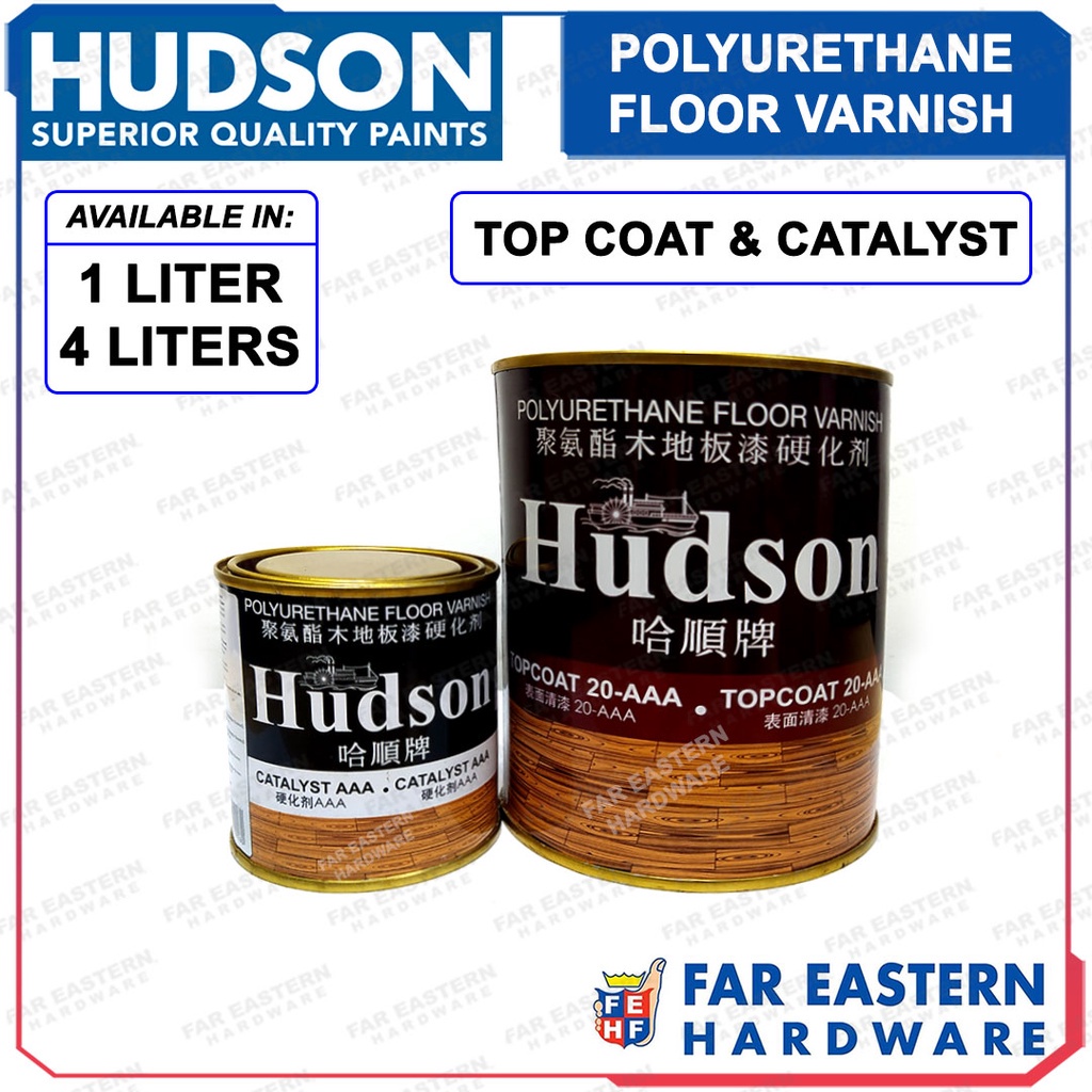 ┅HUDSON Top Coat & Catalyst PU Polyurethane Floor Paint Varnish 1L 4L