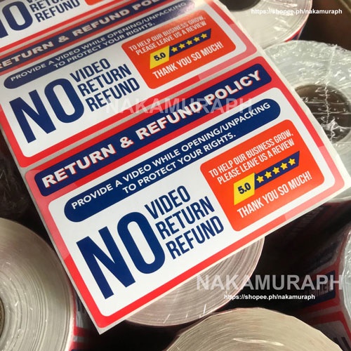 [500pcs/1roll 6x10cm] NO VIDEO RETURN AND REFUND STICKER Shopee Philippines