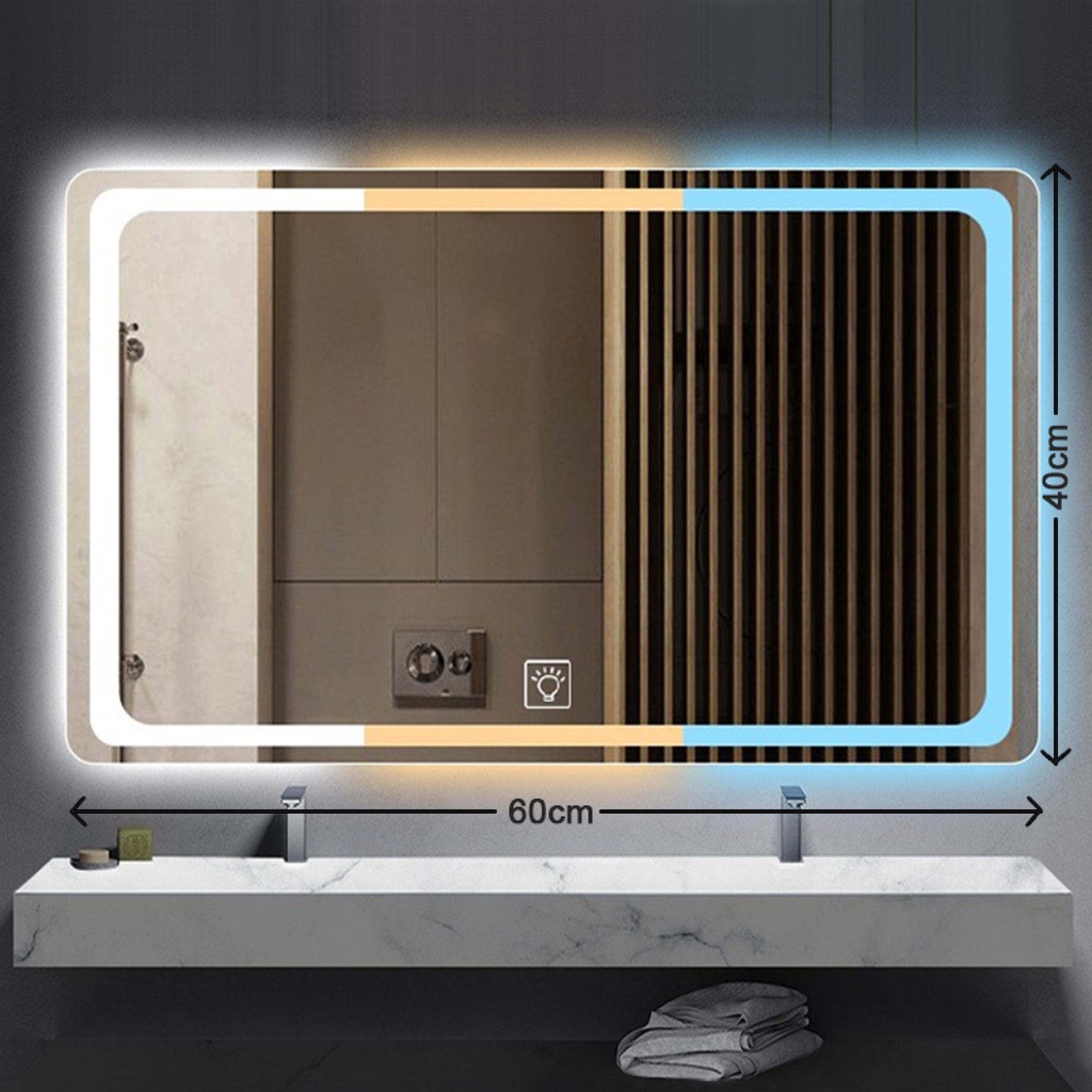 LED Bathroom Mirror Tricolor Stepless Dimming Light Button Touch Witch ...