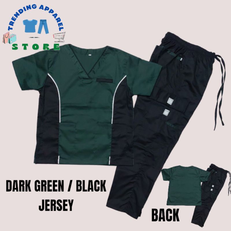 SCRUB SUIT SET DARK GREEN/ BLACK JERSEY W/ CARGO SET LHACOS COTTON