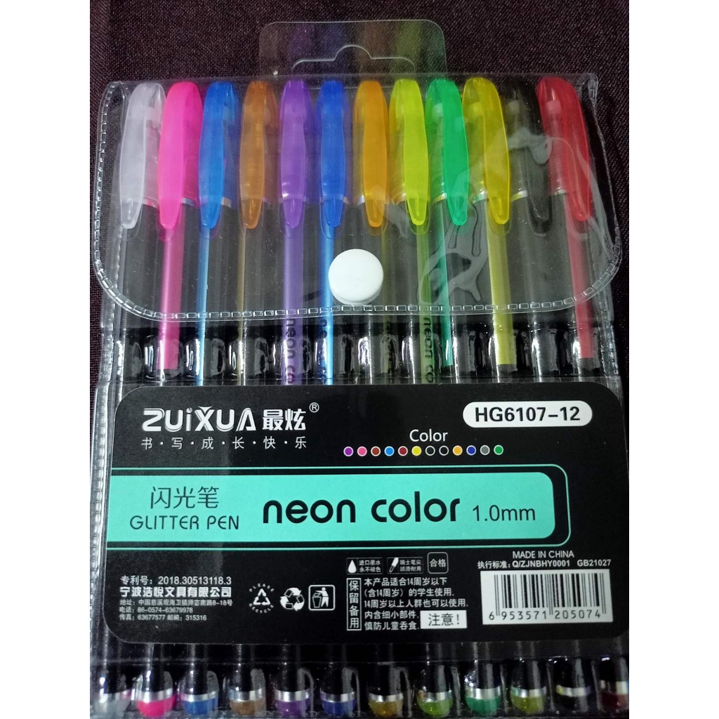 12 pieces Neon Color Glitter Pens