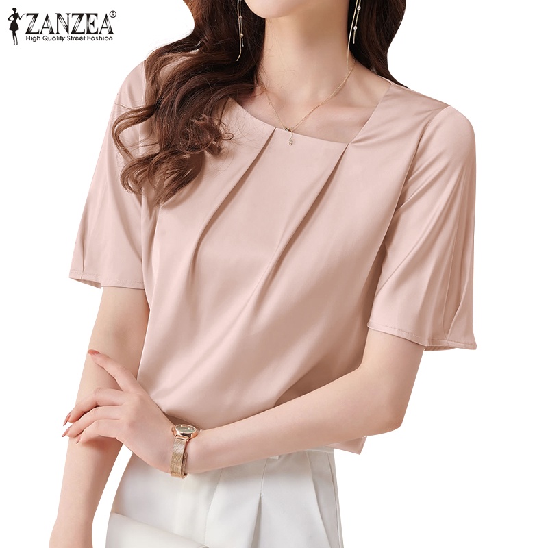 ZANZEA Women Korean V-Neck Short Sleeve Asymmetric Pleated Design Satin ...