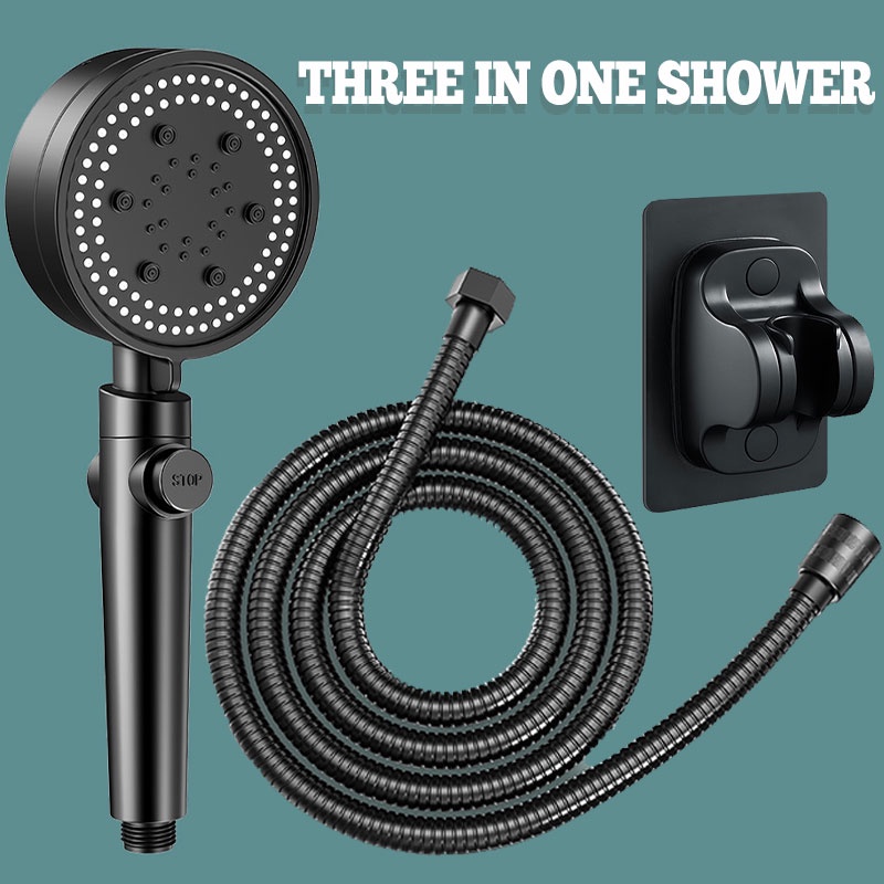 3in1 Shower Head With Hose Holder Set 5 modes Black Universal High