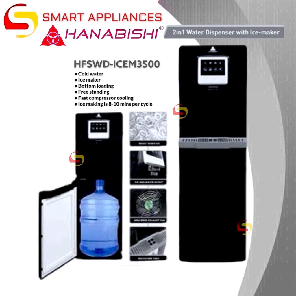 Hanabishi 2 in 1 Water Dispenser with IceMaker HFSWDICEM3500 Black