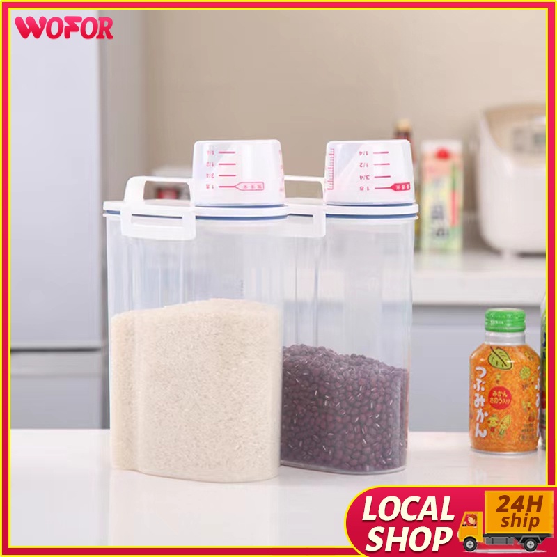 Plastic Portable Rice Bucket With Measuring Cup Sealed Kitchen Grain ...
