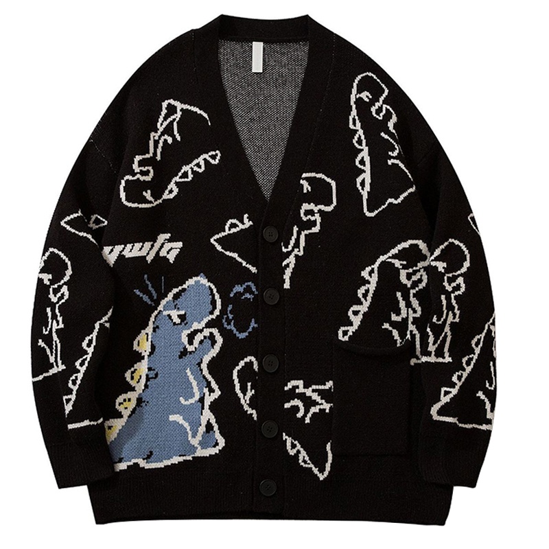 Harajuku Dinosaur Cardigan Men Sweater Black Vintage Oversized Cartoon