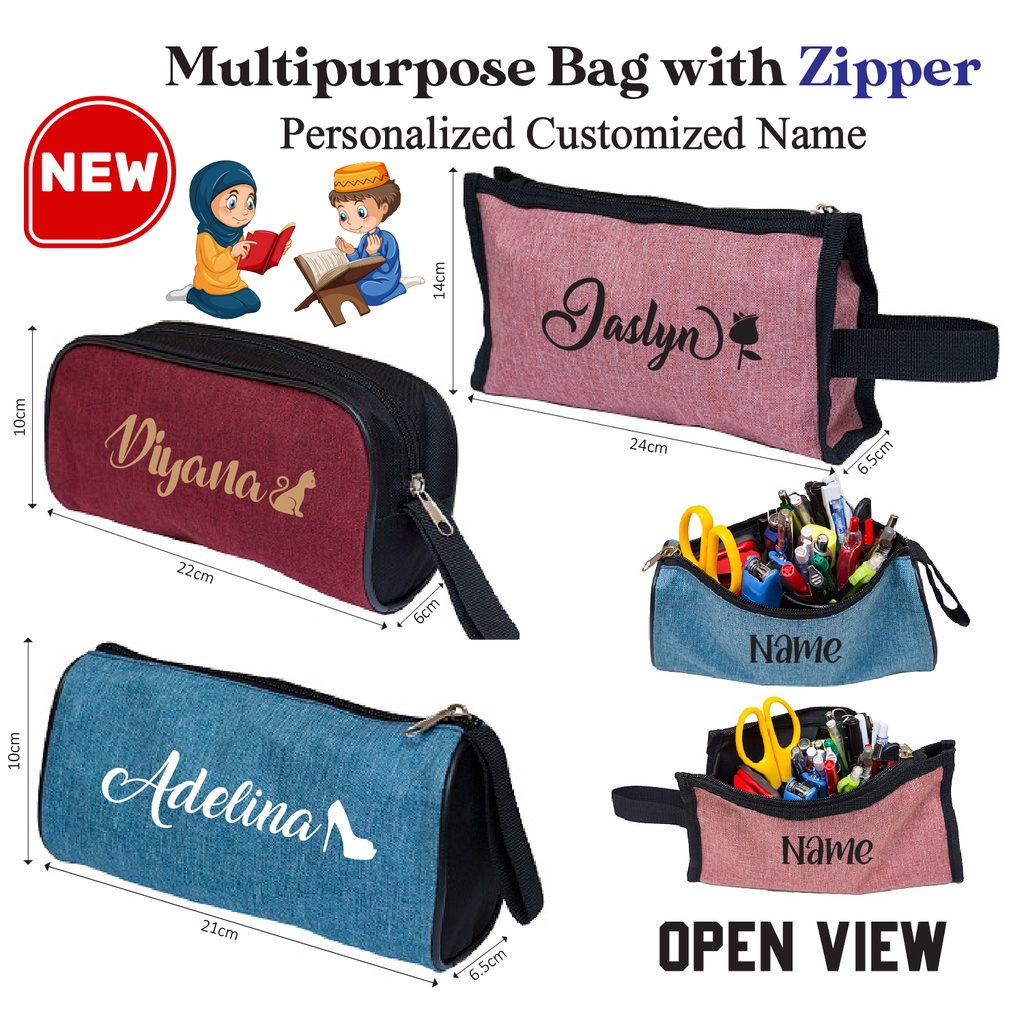 Personalized Customized Name Zipped Multipurposed Bag Pencil Case Pencil Box School Work 铅笔盒