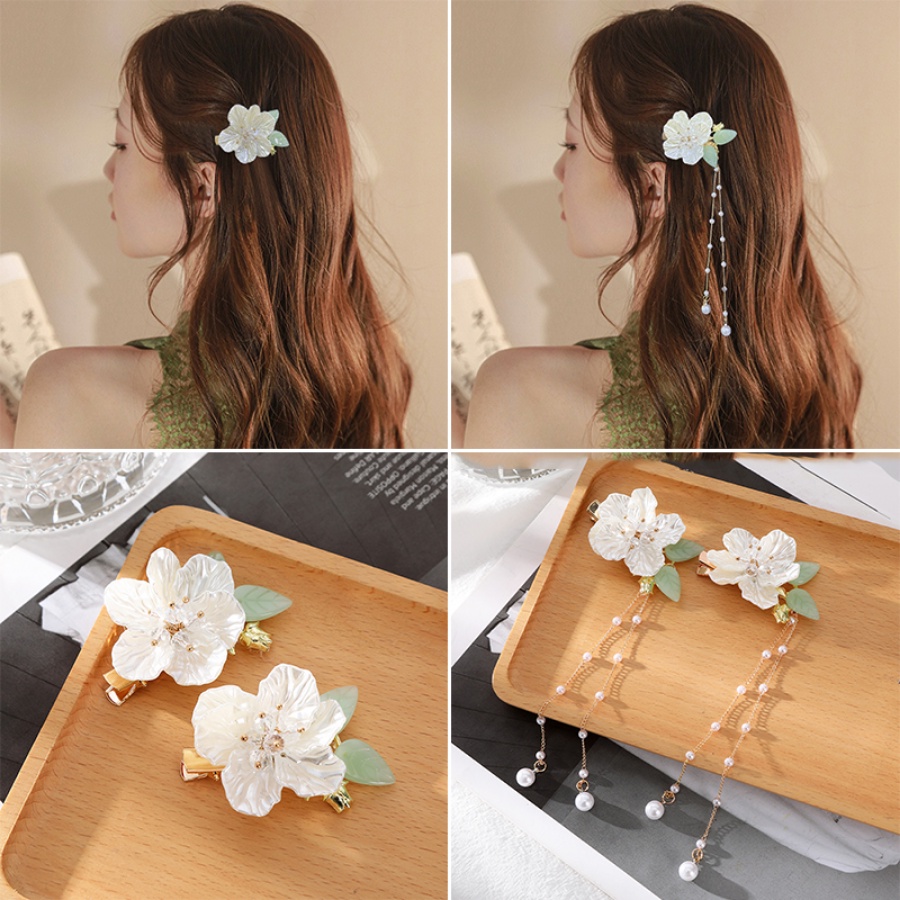 Korean Flower Leaves Pearl Hair Clip Beads Tassel Alloy Hairpin Girls