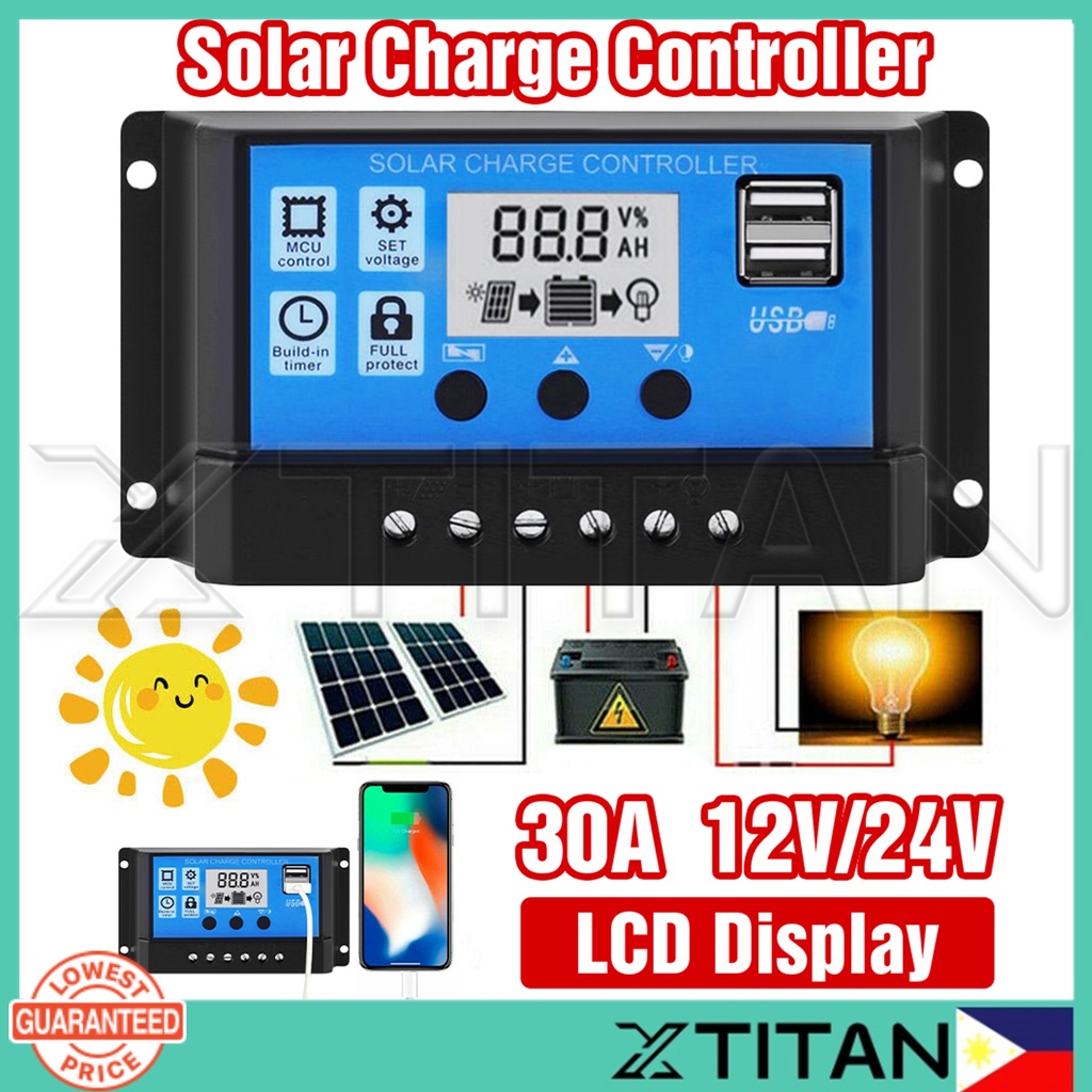 30A PWM 12V/24V Solar Panel Regulator Charge Controller solar battery ...